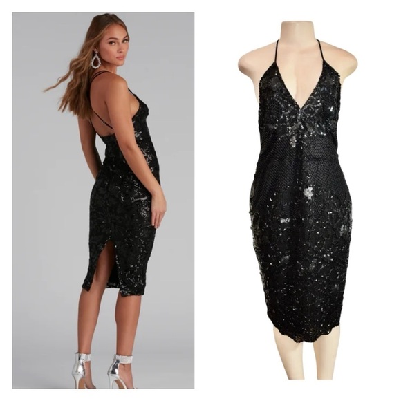 MANNING CARTELL Black Sequins Deep V Neck Backless Cocktail Dress Size 0 Holiday - Picture 1 of 11